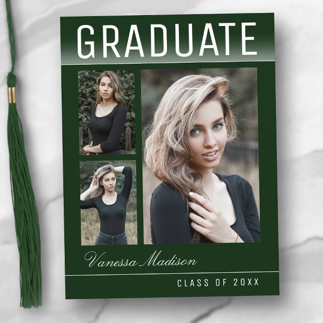 Stylish Trendy Chic 3 Photo Green Graduation Postcard (Creator Uploaded)