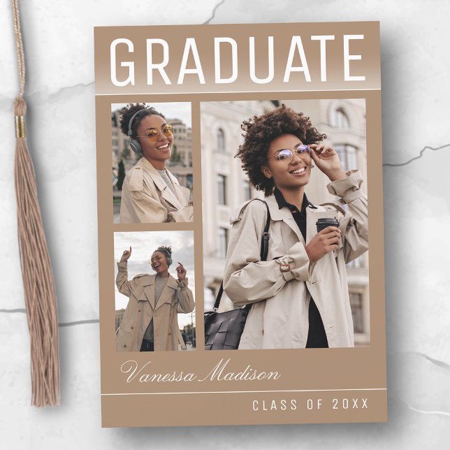 Stylish Trendy Chic 3 Photo Taupe Beige Graduation Announcement (Creator Uploaded)