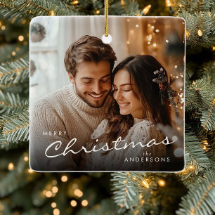 Stylish Trendy Christmas Minimal Cute Couple Photo Ceramic Ornament
