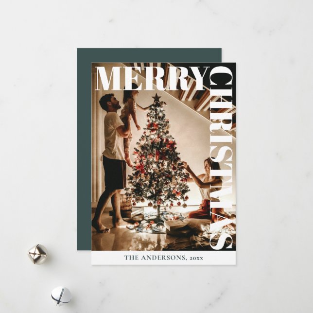 Stylish Trendy Family Photo | Dark Green Christmas Holiday Card (Front/Back In Situ)