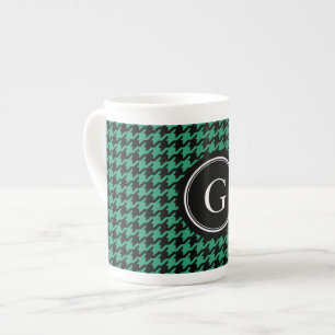 Stylish trendy green houndstooth with monogram bone china mug