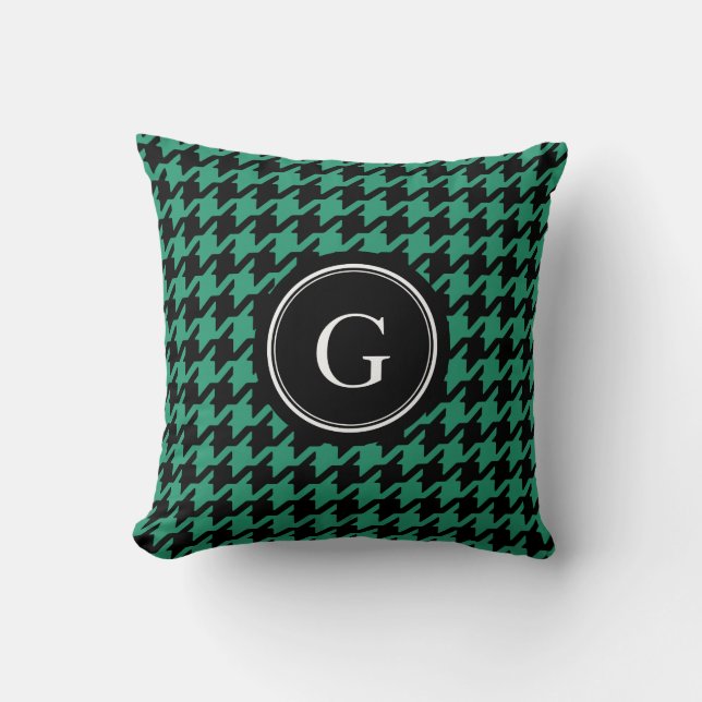Stylish trendy green houndstooth with monogram cushion (Front)