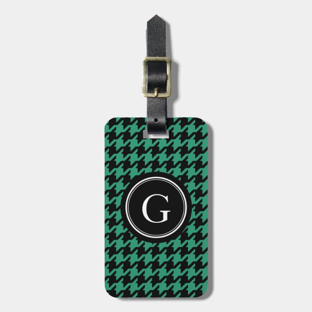 Stylish trendy green houndstooth with monogram luggage tag (Front Vertical)