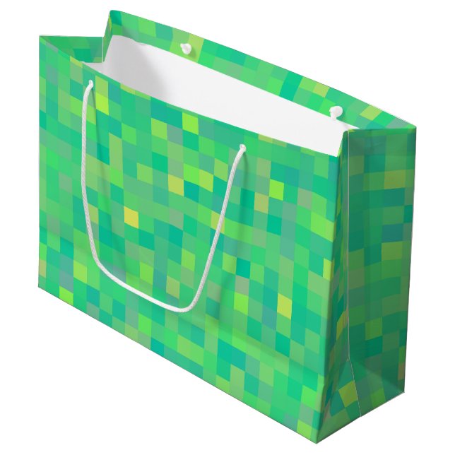 Stylish Trendy Green Multicolor Pixel Pattern Large Gift Bag (Front Angled)