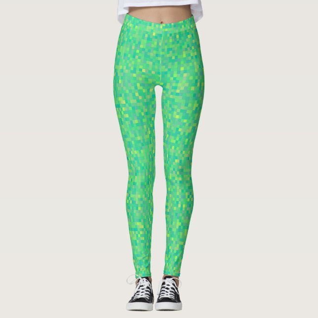 Stylish Trendy Green/Yellow Pixel Mosaic Pattern Leggings (Front)