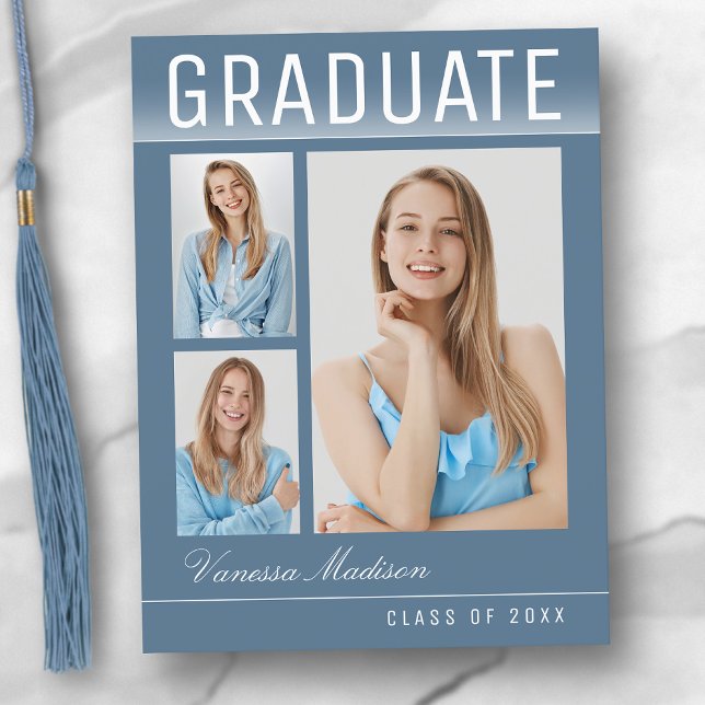 Stylish Trendy Modern 3 Photo Blue Graduation Postcard (Creator Uploaded)