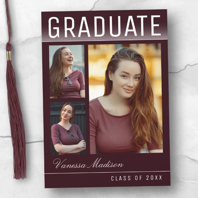 Stylish Trendy Modern 3 Photo Burgundy Graduation Announcement (Creator Uploaded)