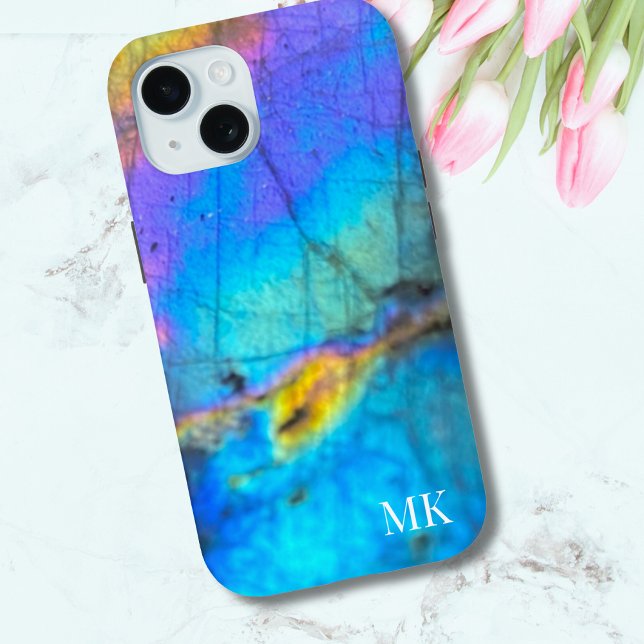 Stylish Trendy Modern Colourful Initial Monogram Case-Mate iPhone Case (Modern Colorful Stone Modern Initial Monogram iPhone 15 Case)