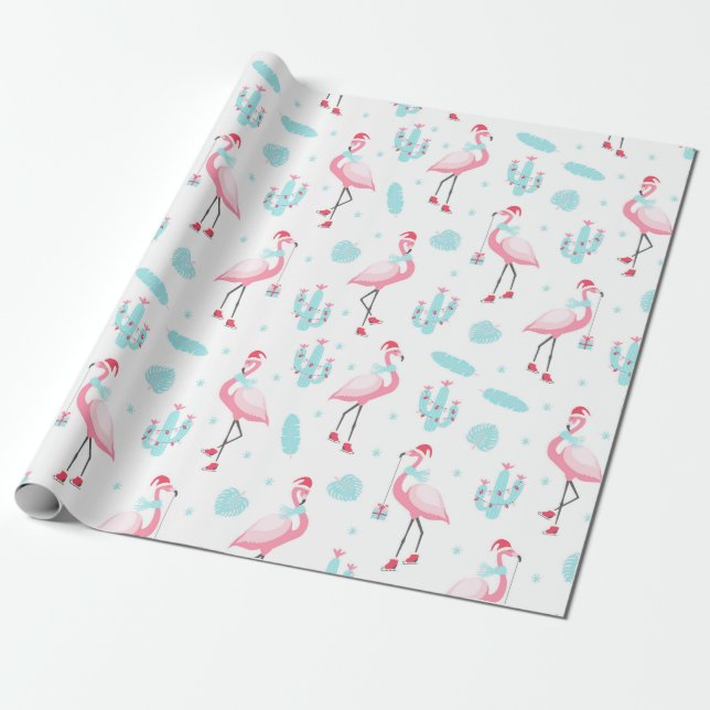 Stylish Tropical Christmas Pink Flamingo Girly Wrapping Paper (Unrolled)