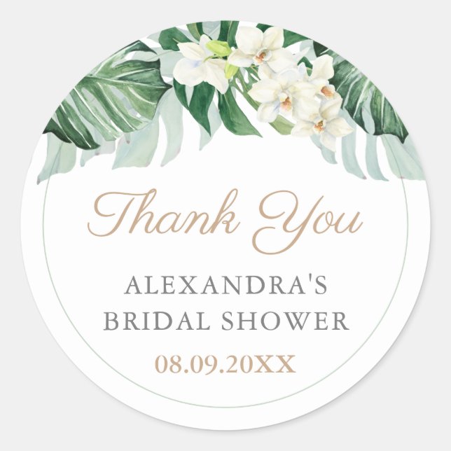 Stylish Tropical Foliage Wedding Shower Favour Classic Round Sticker (Front)