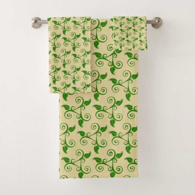 Stylish Tropical Green Leaves Pattern on Beige Bath Towel Set (Insitu)