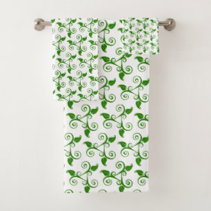 Stylish Tropical Green Leaves Pattern on White Bath Towel Set