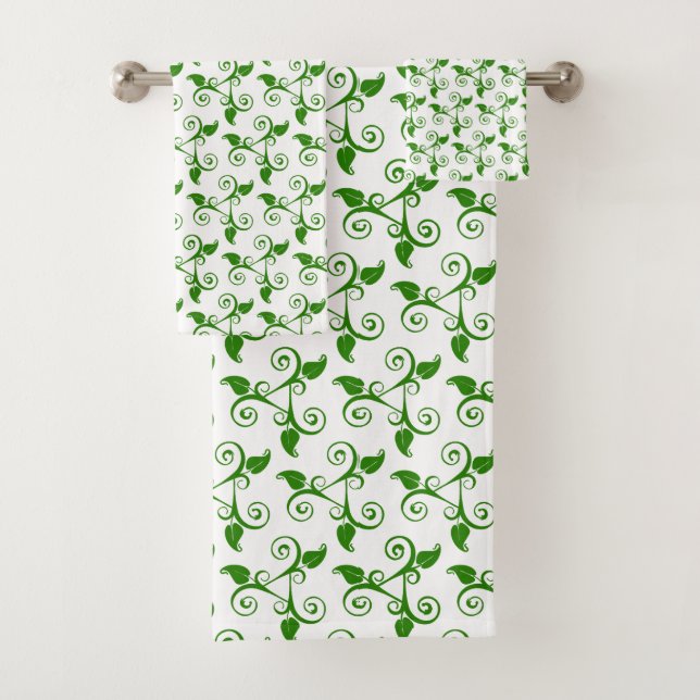 Stylish Tropical Green Leaves Pattern on White  Bath Towel Set (Insitu)