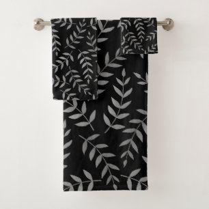 Stylish Tropical Grey Leaves on Black Bath Towel Set