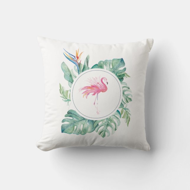 Stylish Tropical Leaves and Pink Flamingo Cushion (Front)