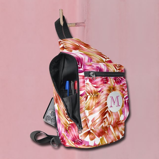 Stylish Tropical Palms Sling Bag (Stylish tropical palm tree fronds hot pink, orange and white sling bag with monogram on the front.)