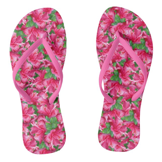 Stylish Tropical Pink Hibiscus Blossoms Flip Flops (Footbed)