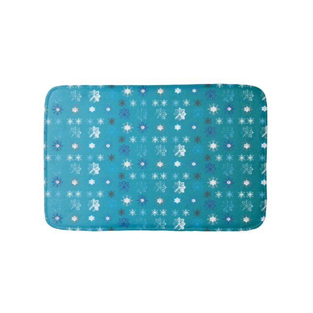 Stylish turquoise and white, stars and snowflakes bath mat (Front)