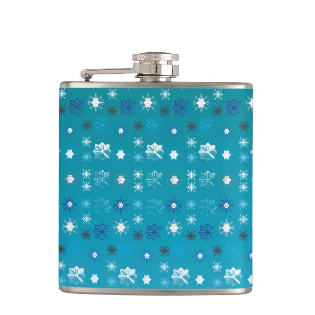 Stylish turquoise and white, stars and snowflakes hip flask (Front)
