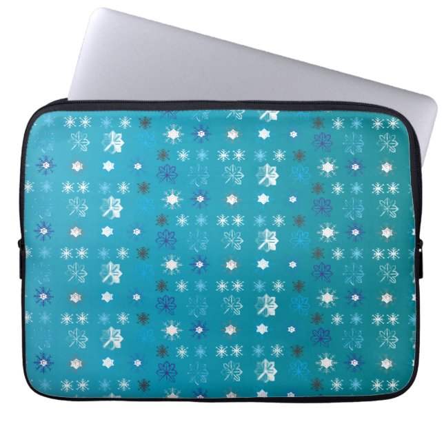 Stylish turquoise and white, stars and snowflakes laptop sleeve (Front)