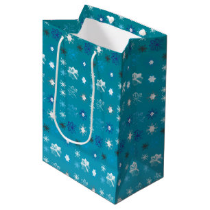 Stylish turquoise and white, stars and snowflakes  medium gift bag