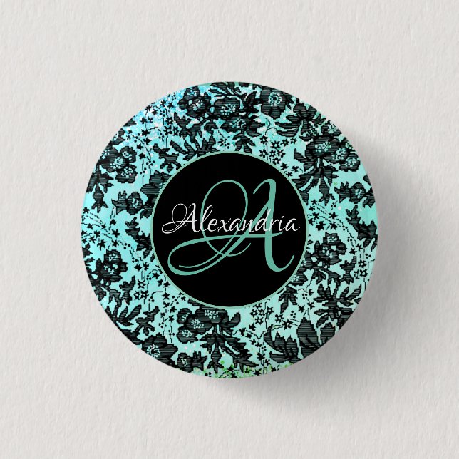 Stylish Turquoise Blue and Black Floral Monogram   3 Cm Round Badge (Front)