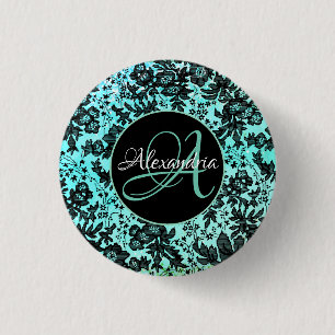 Stylish Turquoise Blue and Black Floral Monogram 3 Cm Round Badge