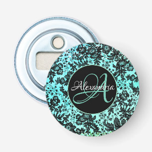 Stylish Turquoise Blue and Black Floral Monogram Bottle Opener