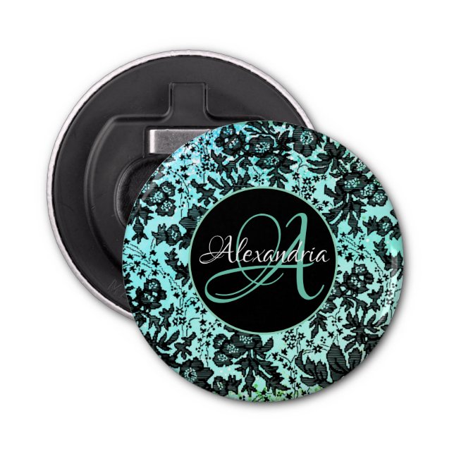 Stylish Turquoise Blue and Black Floral Monogram  Bottle Opener (Front)