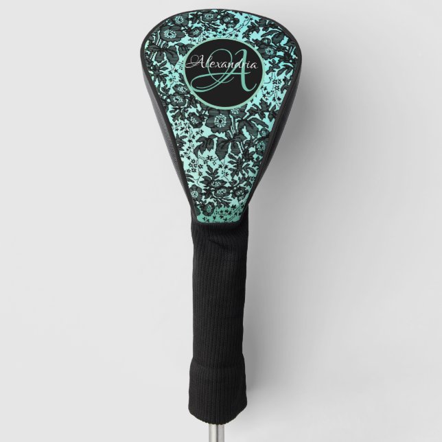 Stylish Turquoise Blue and Black Floral Monogram   Golf Head Cover (Front)