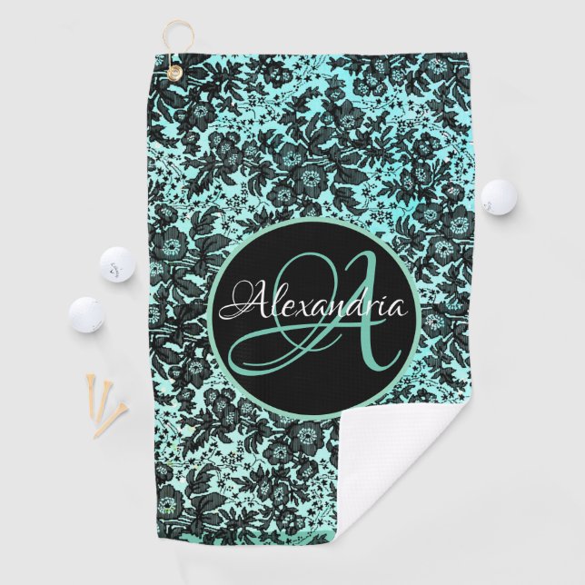 Stylish Turquoise Blue and Black Floral Monogram  Golf Towel (InSitu)