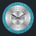 Stylish Turquoise Blue Glitter Silver Numbers Large Clock<br><div class="desc">A stylish glitter clock in silver and turquoise blue.</div>