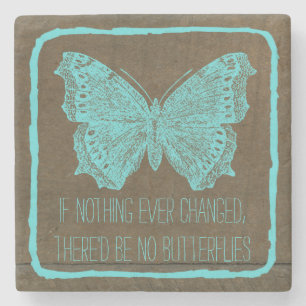 Stylish Turquoise Blue Wood Butterfly Quote Stone Coaster