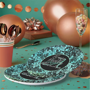 Stylish Turquoise Dark Moody Floral Birthday Paper Plate