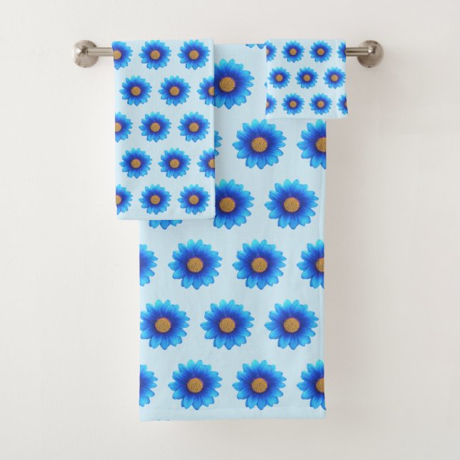 Stylish Turquoise Flowers on Light Blue Bath Towel Set (Insitu)