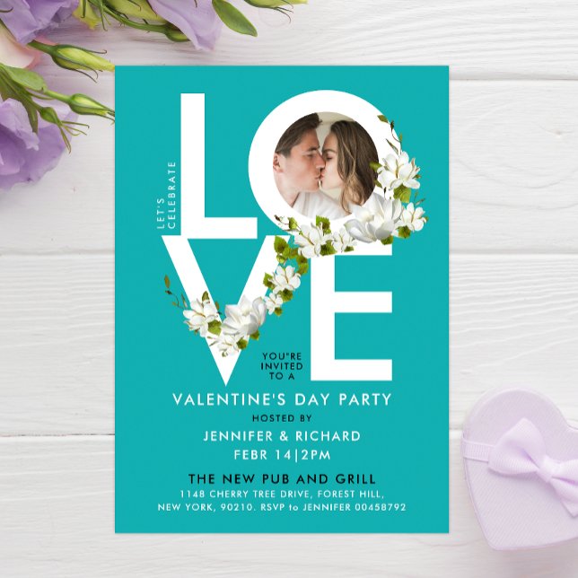 Stylish Turquoise Love Valentine Photo Floral Invitation (Creator Uploaded)