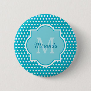 Stylish Turquoise Polka Dots Monogram With Name 6 Cm Round Badge