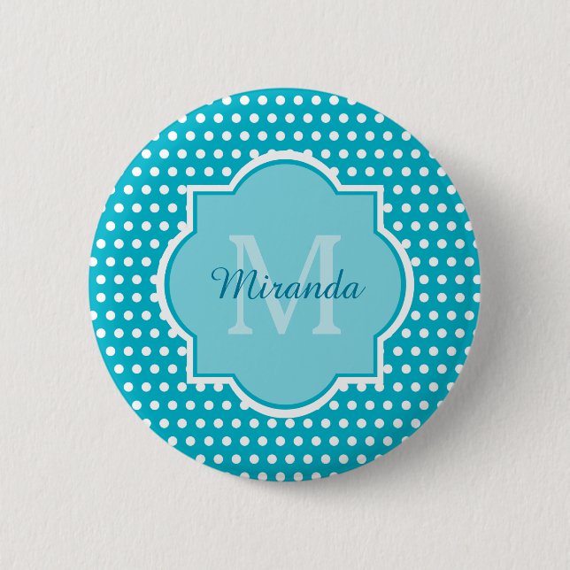 Stylish Turquoise Polka Dots Monogram With Name 6 Cm Round Badge (Front)