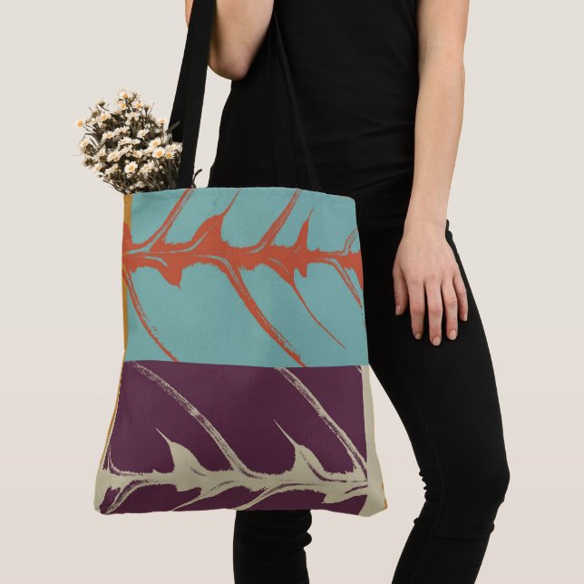 Stylish Turquoise Purple Orange Leaf Tote Bag (Close Up)