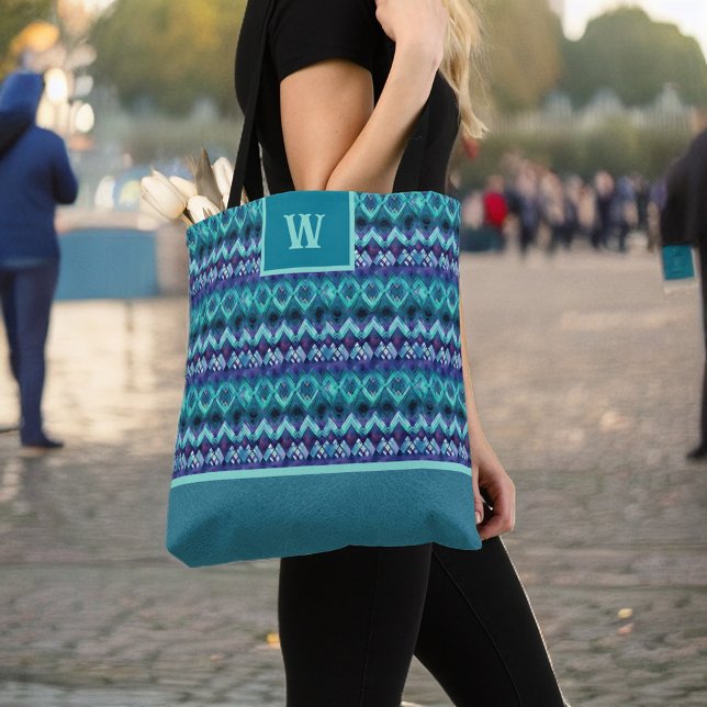 Stylish Turquoise Purple Tribal Pattern Monogram Tote Bag (Creator Uploaded)