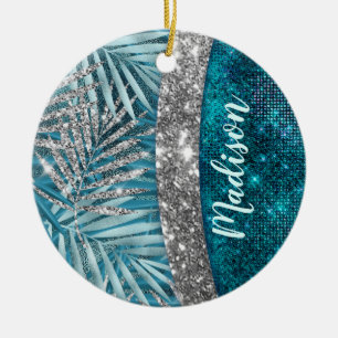 Stylish turquoise silver glitter leaves monogram ceramic tree decoration