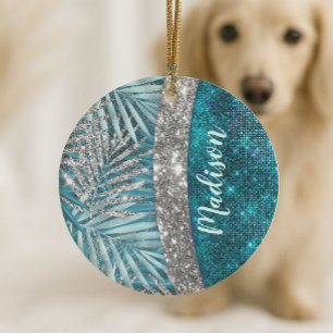 Stylish turquoise silver glitter leaves monogram ceramic tree decoration