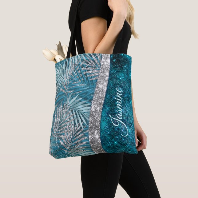 Stylish turquoise silver glitter leaves monogram tote bag (Close Up)
