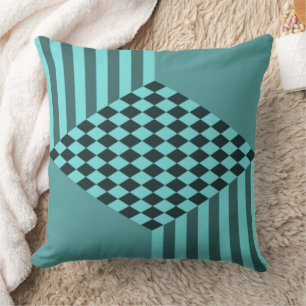 Stylish Turquoise Stripes Diamond Checkers Cushion