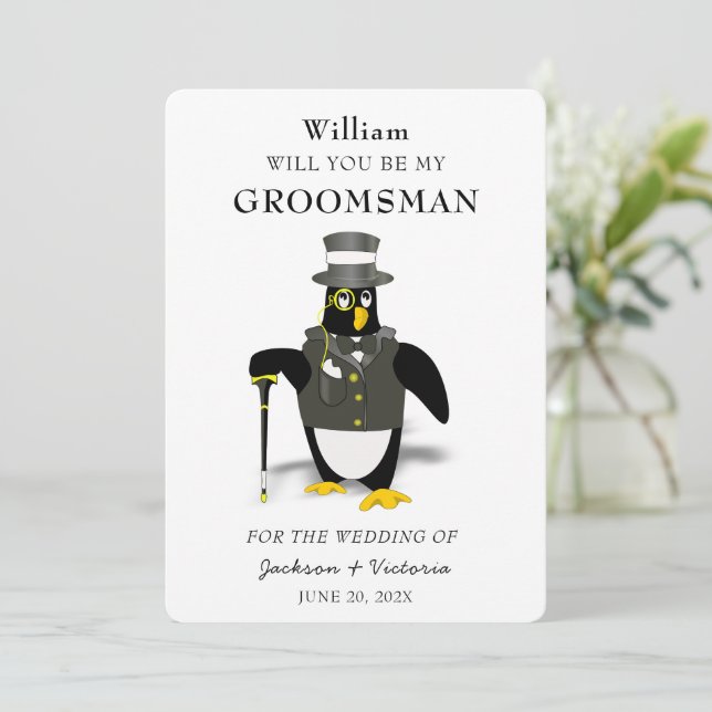 Stylish Tuxedoed Penguin Groomsman Invitation (Standing Front)