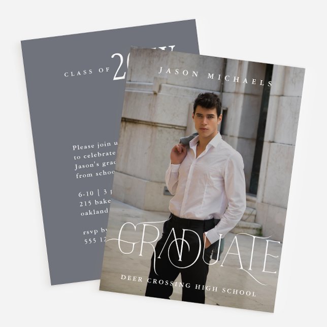 Stylish Type Photo Graduation Party Blue Invitation (Creator Uploaded)