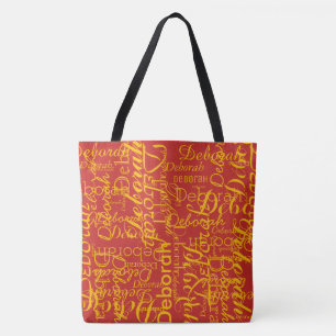 stylish typography pattern of yellow names on red tote bag