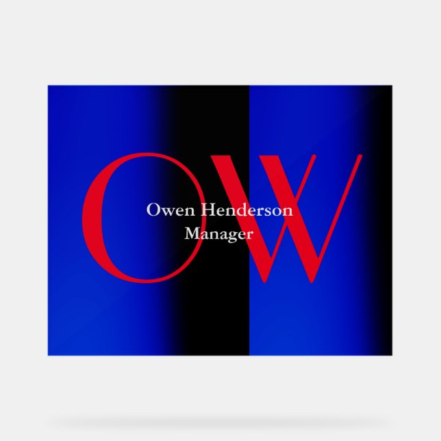 Stylish Unique Blue Red Bold Text Monogram Acrylic Sign (Front)