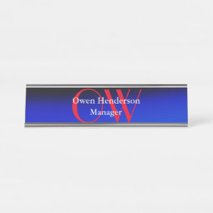 Stylish Unique Blue Red Bold Text Monogram Desk Name Plate