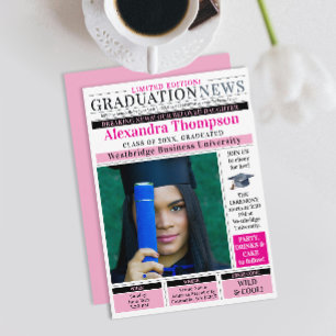 Stylish Unique Chic Hot Pink  Newspaper Graduate Invitation